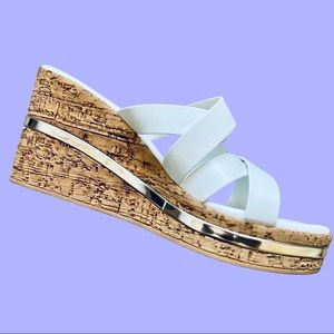 Italian Shoemakers Brand New in Box, White and Silver Cork Wedges, Size 9